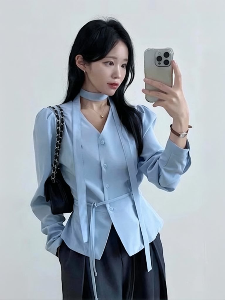 エレガントな蝶ネクタイ V ネックホルター長袖シャツ女性 V ネックレースアップチュニックボタンアップシャツオフィスワークベーシックブラウスカジュアル