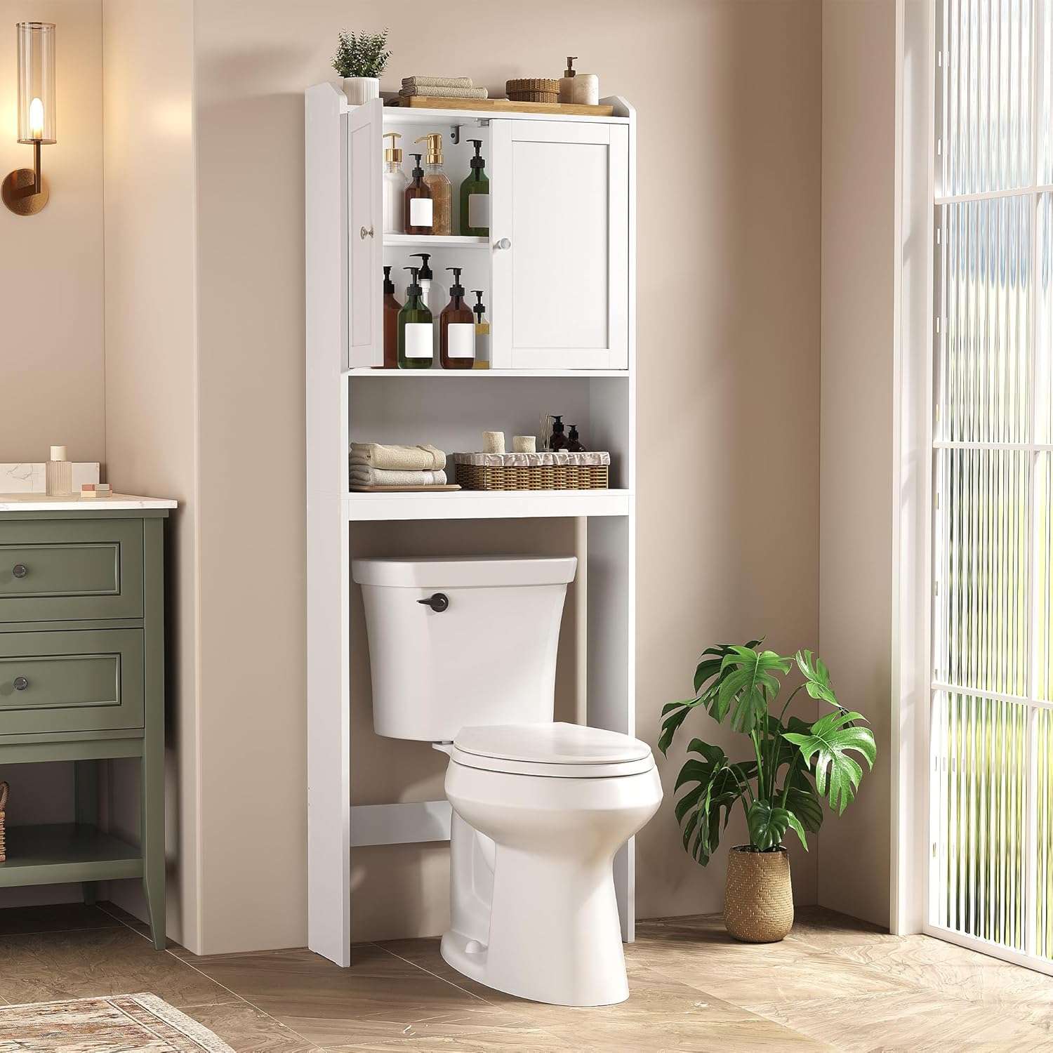 トイレ上収納キャビネット、ドア付きバスルーム収納キャビネット、調節可能な棚、省スペース、モダン、7.9 x 24.6 x 70