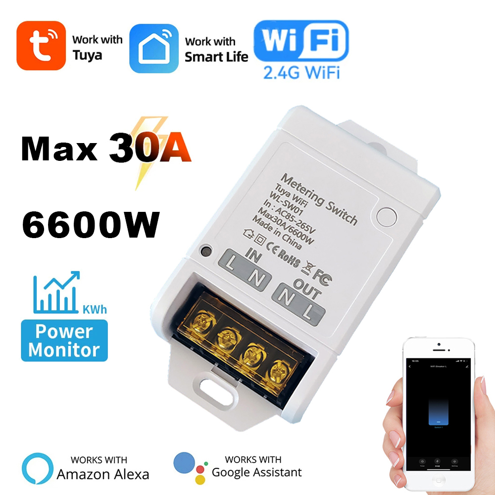 WiFi 30A リレーモジュール 85-265V スマートスイッチパワーモニターホームオートメーションコントローラ Tuya コントロールサポート Alexa Google ホーム