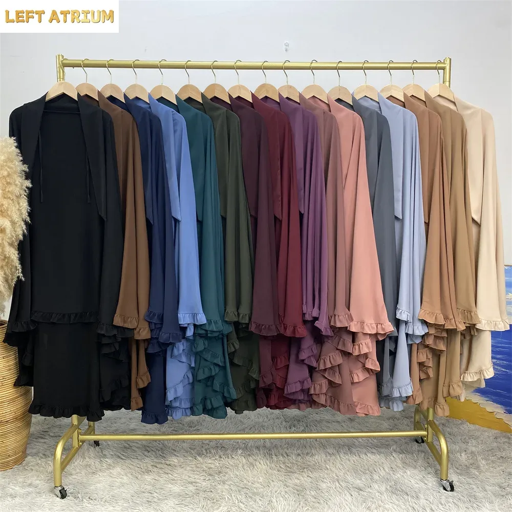 2025 イードフリル女性アバヤ着物伝統的なイスラム服祈りスカーフブルカ Khimar 一層 Nida クレープ Niqab ヒジャーブ Nikab