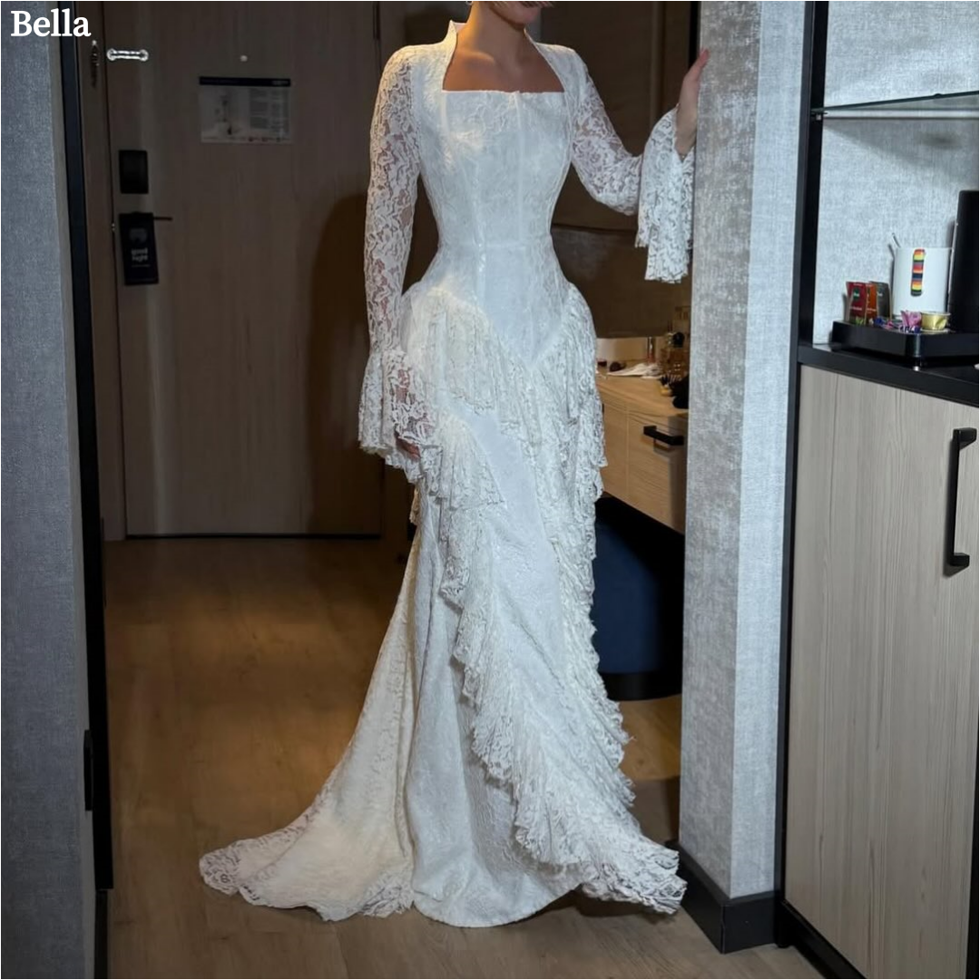 Bella カスタマイズされたヴィンテージウエディングドレスマーメイドウェディングvestidos de nocheスクエアネックフレアカフスカスケードフリルフォーマルイブニング