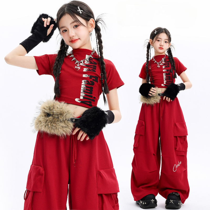 女の子ストリートヒップホップ服セット赤い Tシャツカーゴパンツファッションストリートダンス衣装グループジャズクール衣装ステージ着用