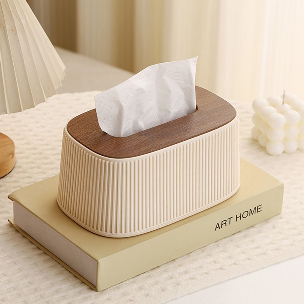 Large Opening Tissue Box with Lid Smooth Wooden/Plastic Cover Desktop Tissue Dispenser Stripe Built-in Spring