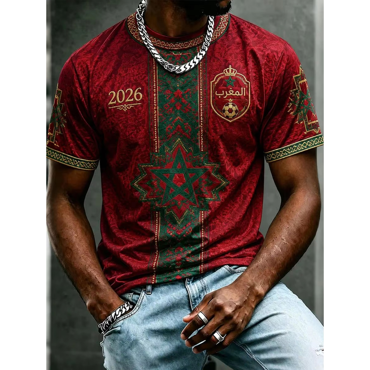 2026 モロッコ民俗スタイルカジュアルレトロサッカー記念 Tシャツ夏通気性ソフトストリートトップ男性女性子供のため
