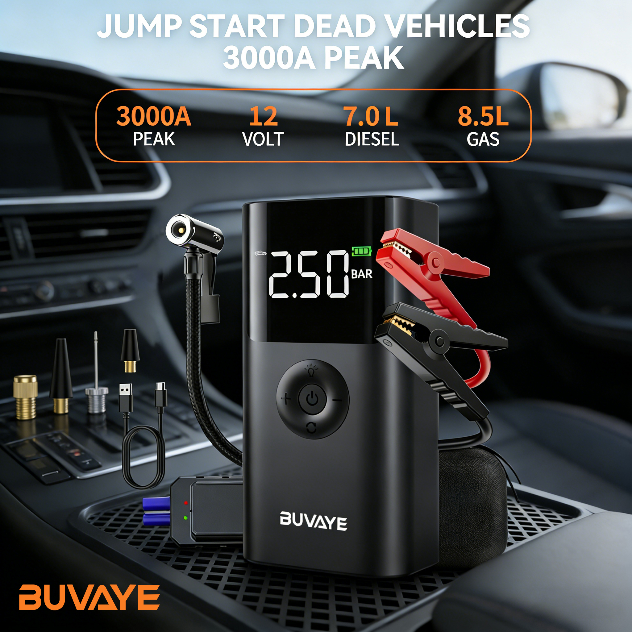 BUVAYE 12V 車のジャンプスターター 150PSI エアコンプレッサー、ポータブル電源銀行タイヤインフレーター緊急バッテリー始動装置