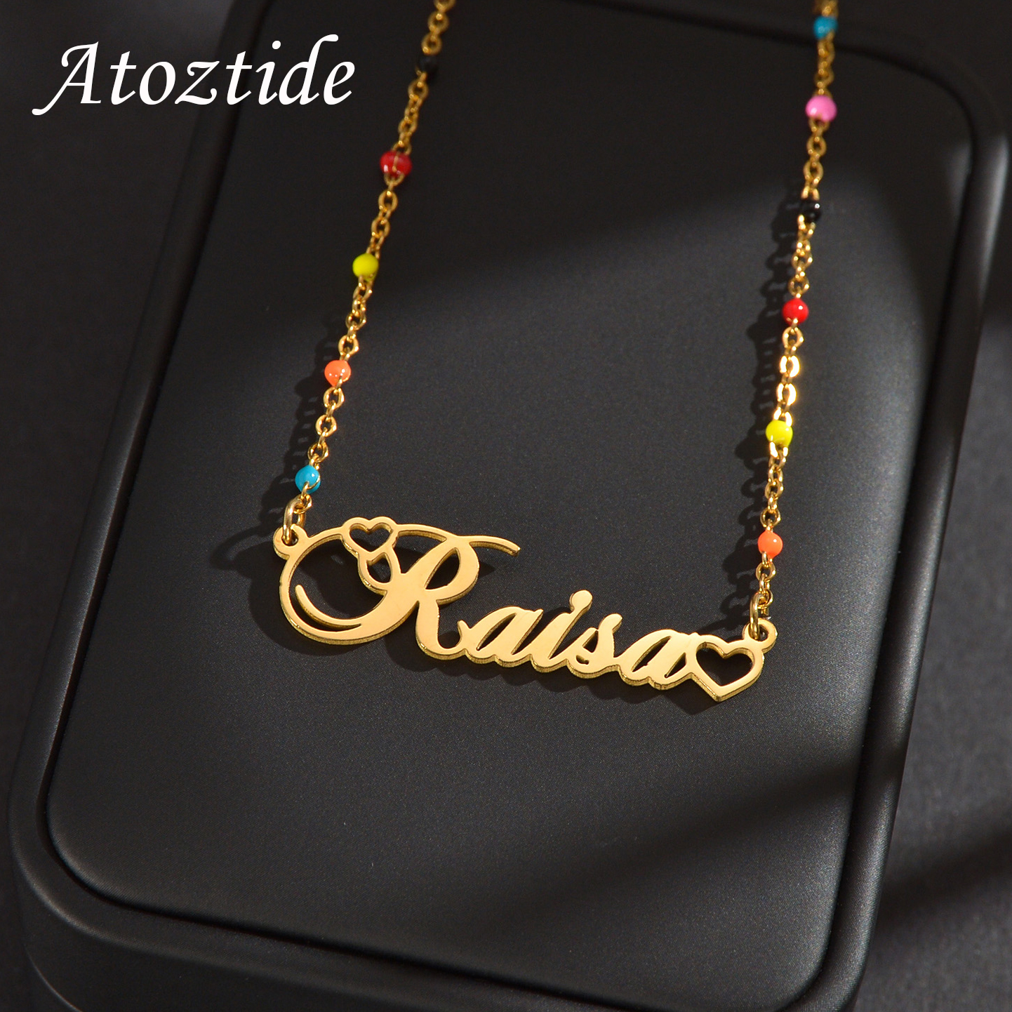 Atoztide パーソナライズされたカスタムネームネックレス女性のためのカラービーズリンクチェーンステンレス鋼の文字ファッションペンダントジュエリーギフト