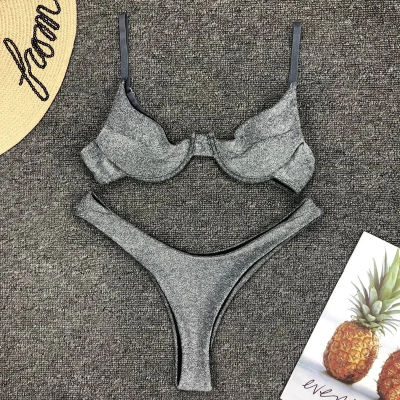 セクシーなシルバーグリッタービキニ 2026 水着女性プッシュアップカットアウトアンダー Tバック水着夏ブラジル水着 Biquini