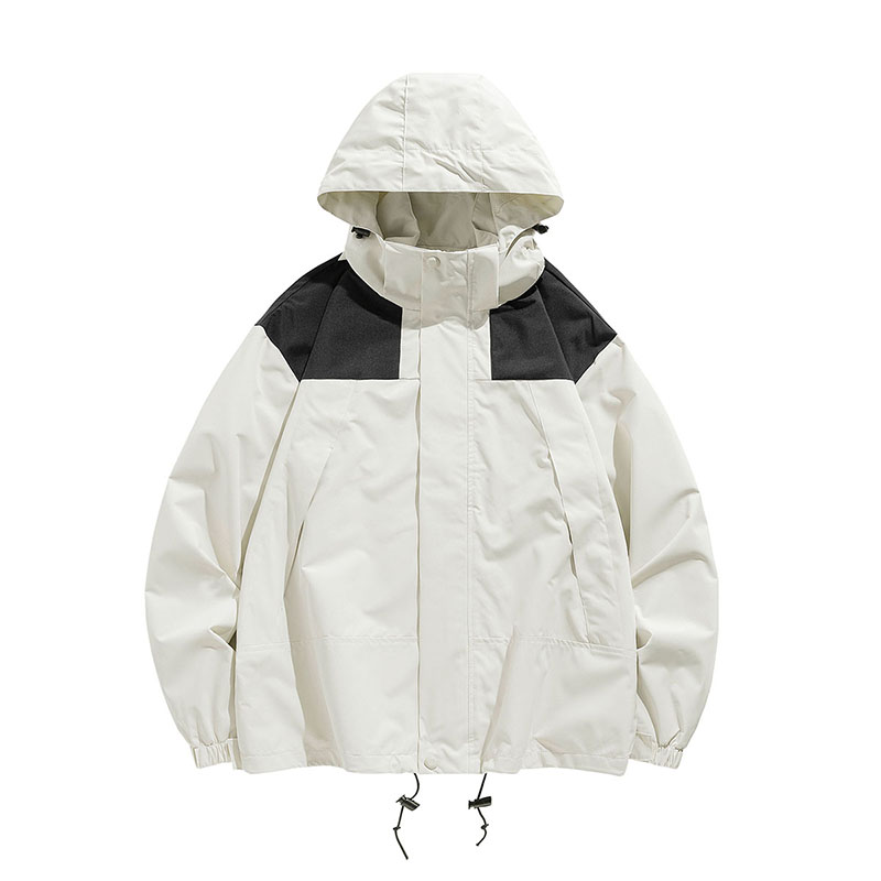 メンズアウトドア防水防風ハイキングジャケットカジュアルカラーブロックフード付きレインコート春キャンプ登山ウインドブレーカー