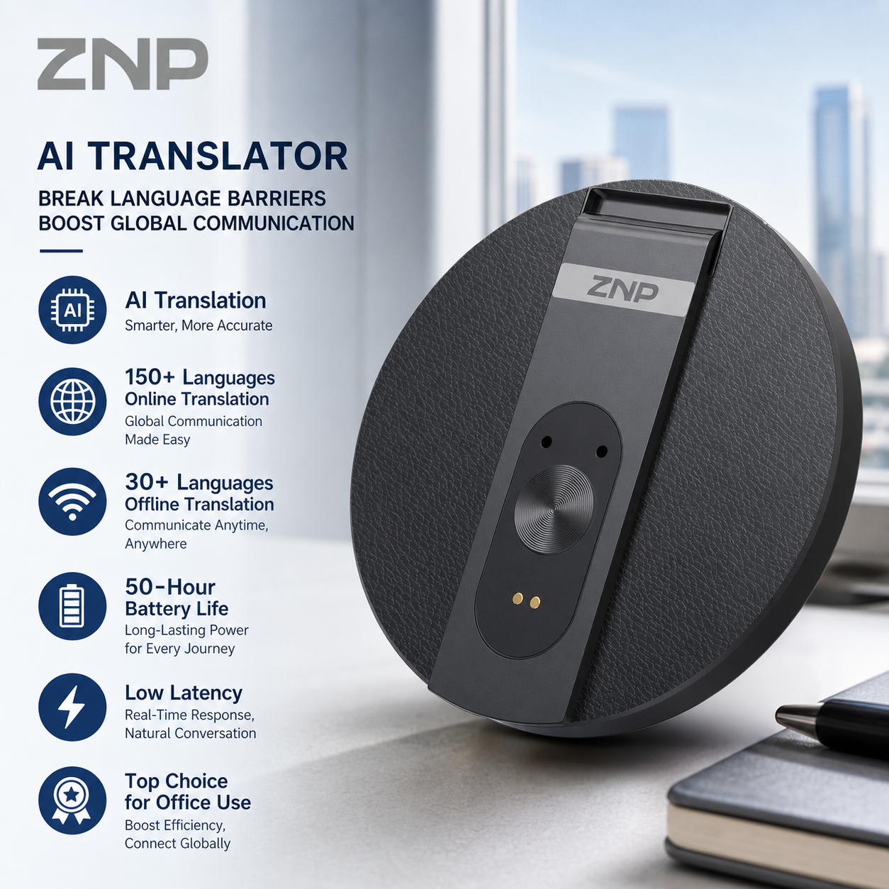 ZNP 超薄型 AI 音声翻訳インスタントプロフェッショナルポータブルワイヤレス磁気折りたたみ式電話スタンド 50 時間再生 ForOffice