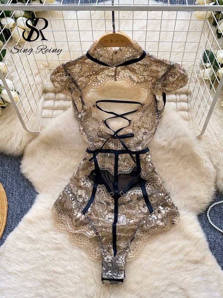 SINGREINY レース薄手のセクシーなロンパース女性中空アウトメッシュコスプレナイトウェア花刺繍スリムボディスーツ