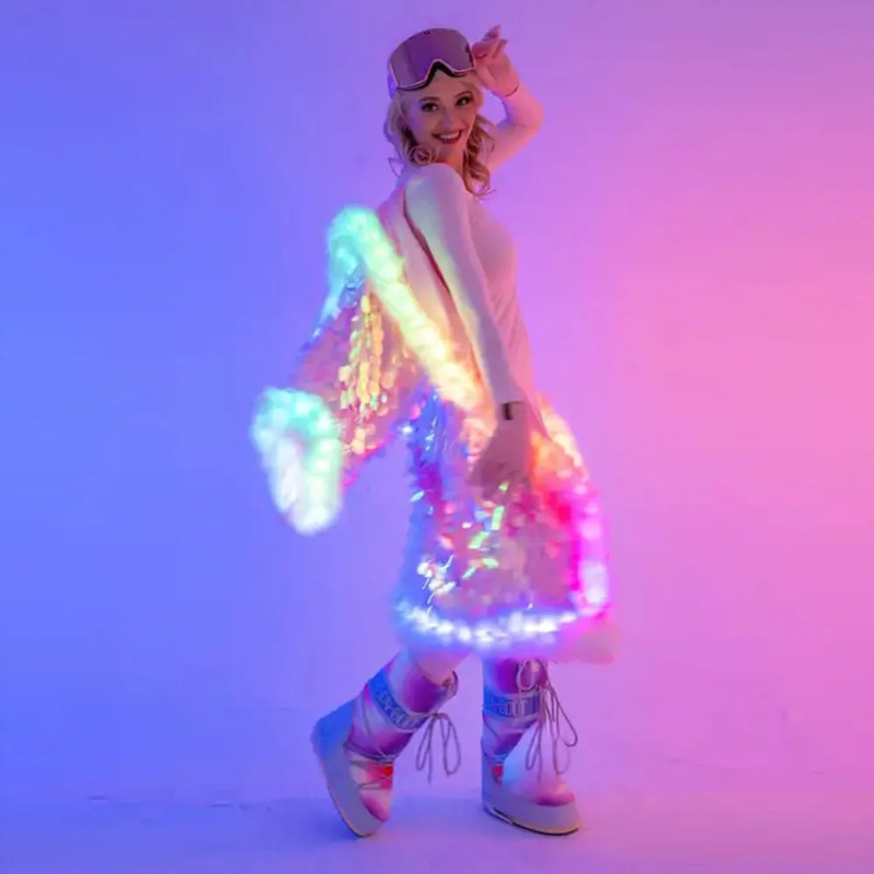 LED 女性フェイクファーコート男性点灯衣装ゴーゴーダンスパーティージャケット暖かい服ステージパフォーマンスホリデーパーティーナイトクラブ