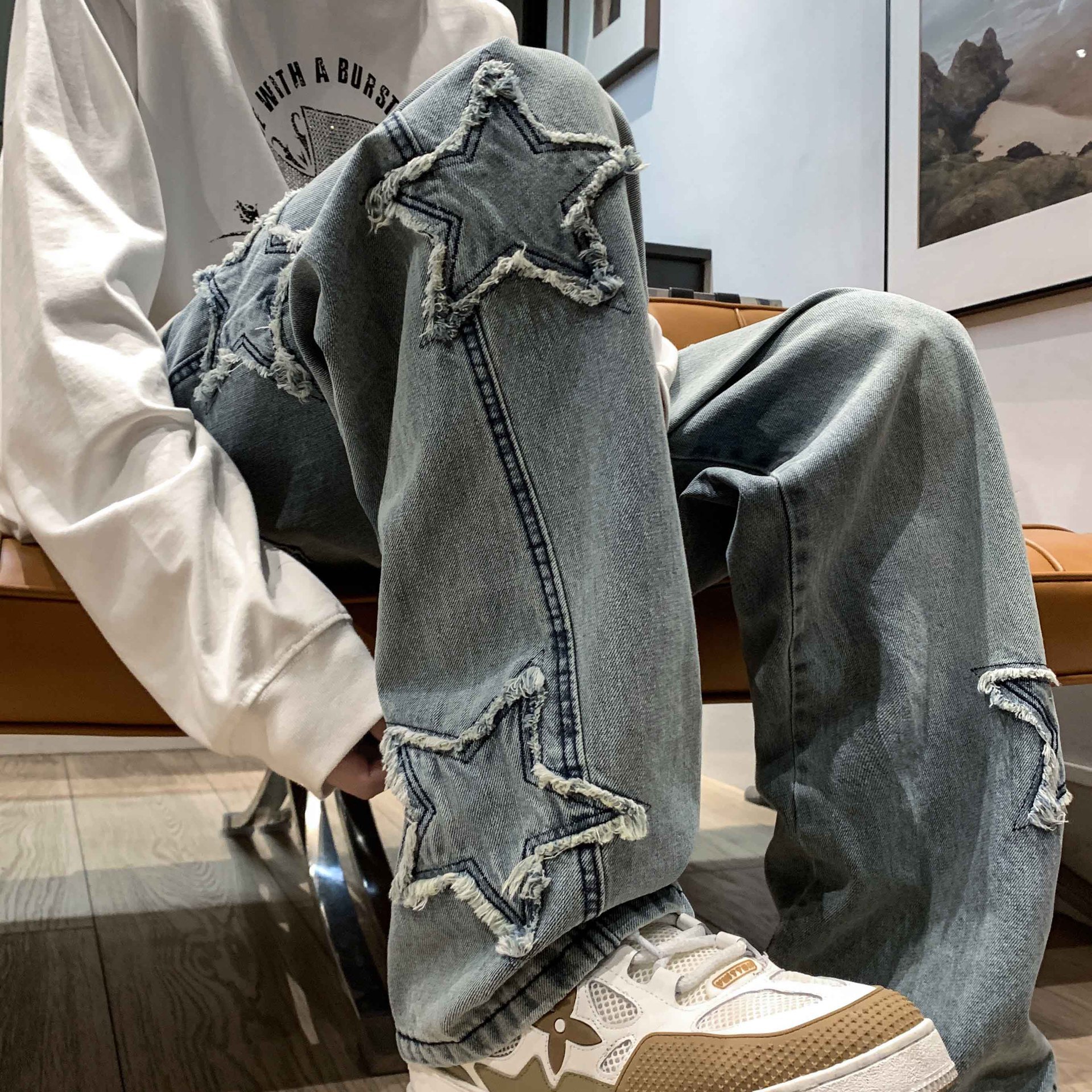 ヒップホップメンズジーンズストリートウェアハイウエストルーズパンツワイドレッグパンツフレアデニムメンズプラスサイズメンズ高級ジョギングパンツ