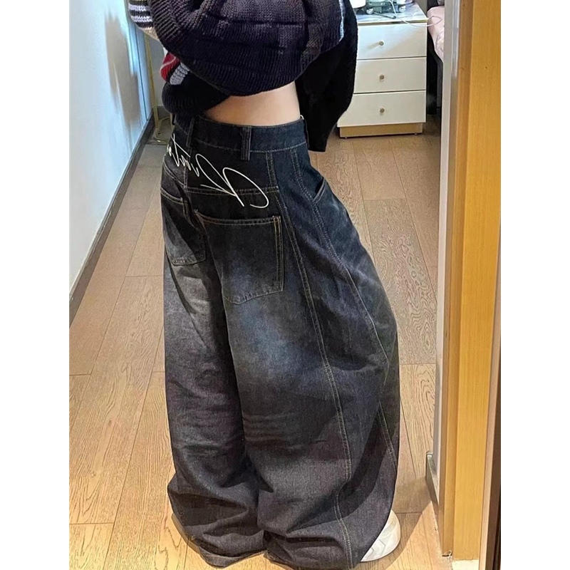 黒レディースジーンズハイウエストヴィンテージデザインヒップホップストレートだぶだぶのデニムパンツストリート Y2K アメリカンスタイルワイドレッグデニムパンツ
