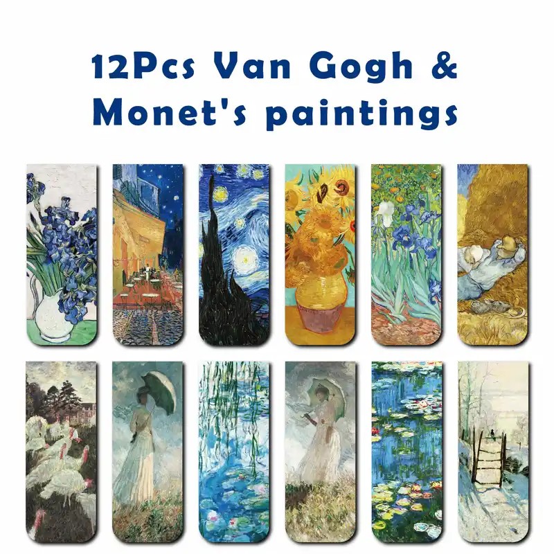 ゴッホとモネの世界的に有名な絵画をあしらった、芸術的なマグネット式しおり12個セット - 学校、オフィス、そしてアート愛好家に最適
