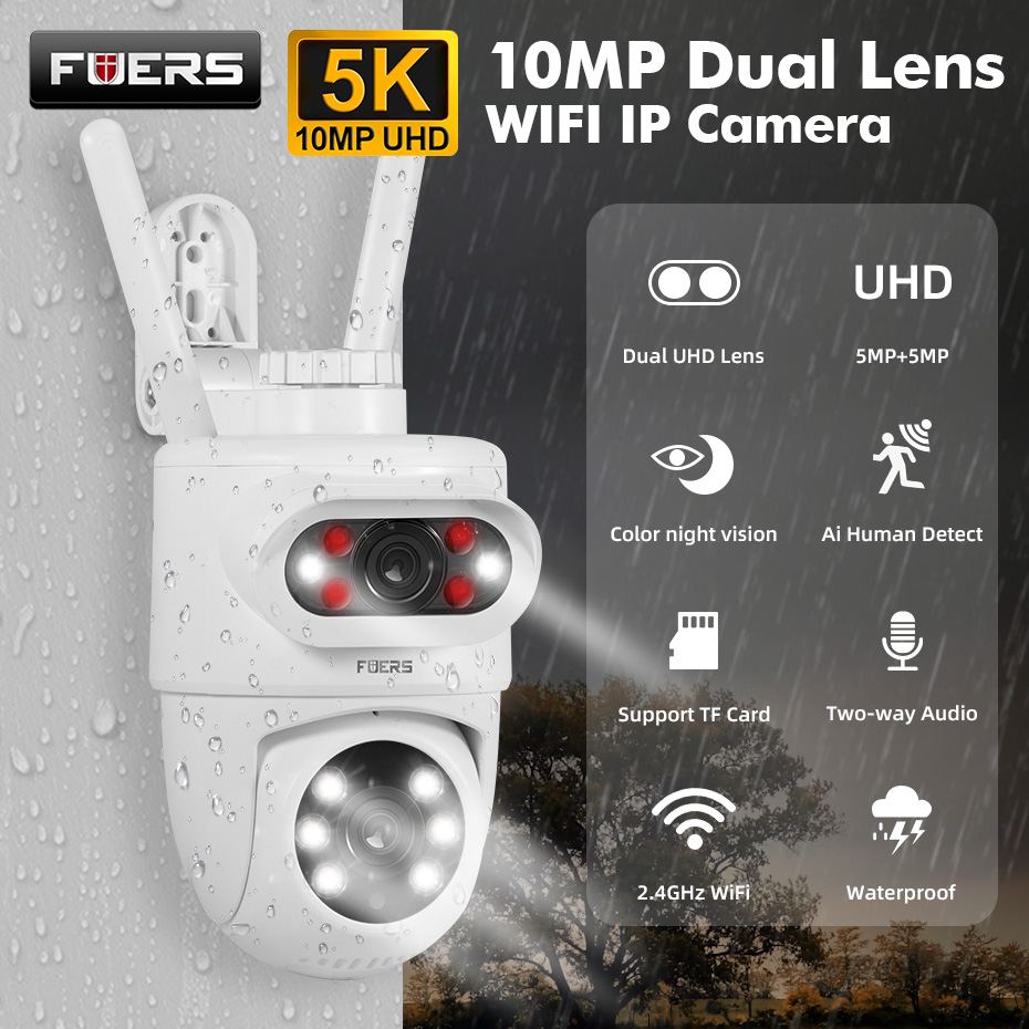 FUERS 5K 10MP デュアルレンズ IP カメラ Tuya スマートホームセキュリティ自動追跡ワイヤレスアラーム WIFI CCTV 監視屋外カメラ