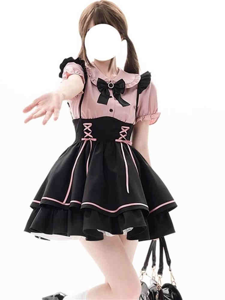 かわいい甘いロリータ Dr セット女性のスクール Sle プリンクスカートブラウス 2 点セットハイウエスト A ライン ort Sve 人形の襟