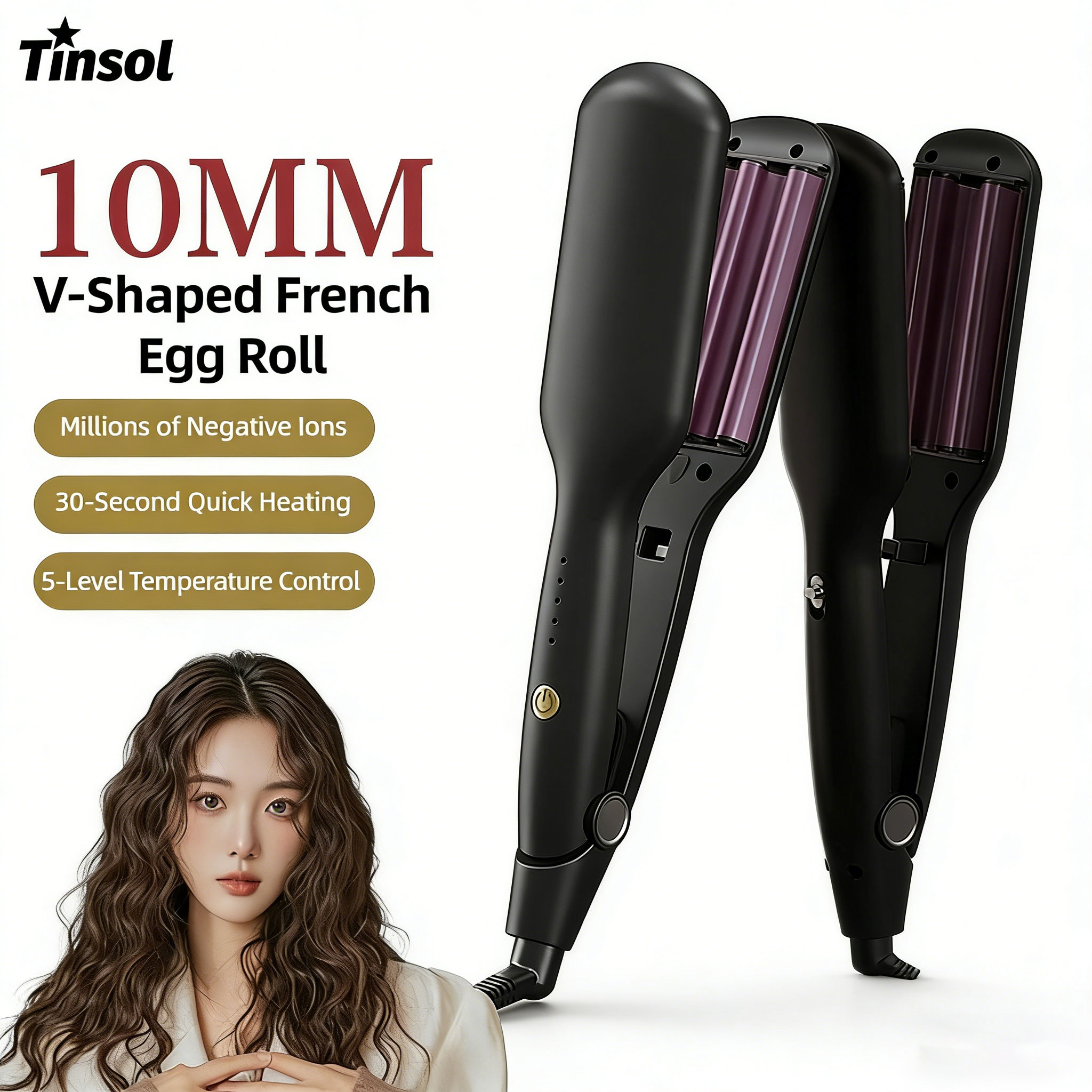 TINSOL 10 ミリメートルウェーブヘアアイロン V 字型ウールヘアアイロン急速加熱 5 段階温度制御エッグロールヘアアイロン