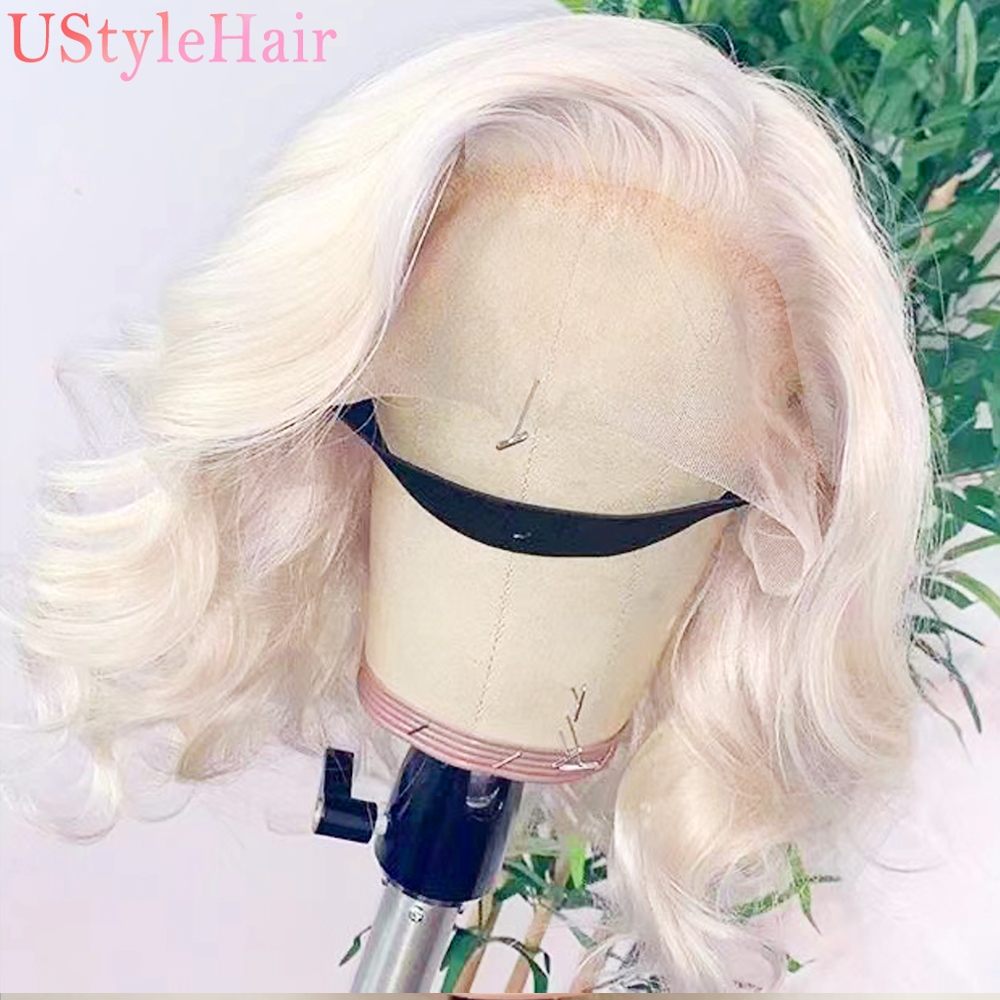 UStyleHair プラチナブロンドボブウィッグ女性用ナチュラルヘアラインショートウェーブウィッグ合成レースフロントウィッグ日常使用耐熱