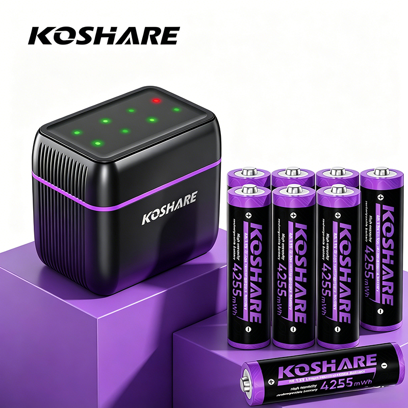 KOSHARE 8 ベイ 1.5V 単三リチウムイオン充電式電池 4255 mWh 充電器セット LED リチウム電池スマート充電コンパートメント付き