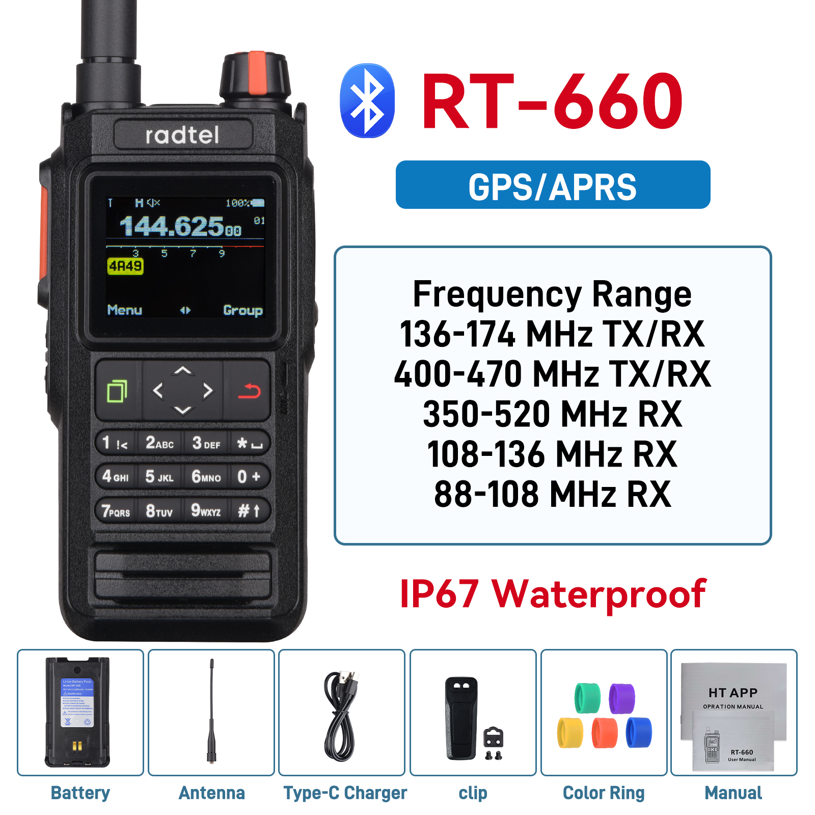 Radtel RT-660 IP67 GPS Bluetooth デュアル バンド VHF/UHF 双方向無線 APRS SATCOM KISS TNC テキスト メッセージング、航空バンド スキャナー、NOA
