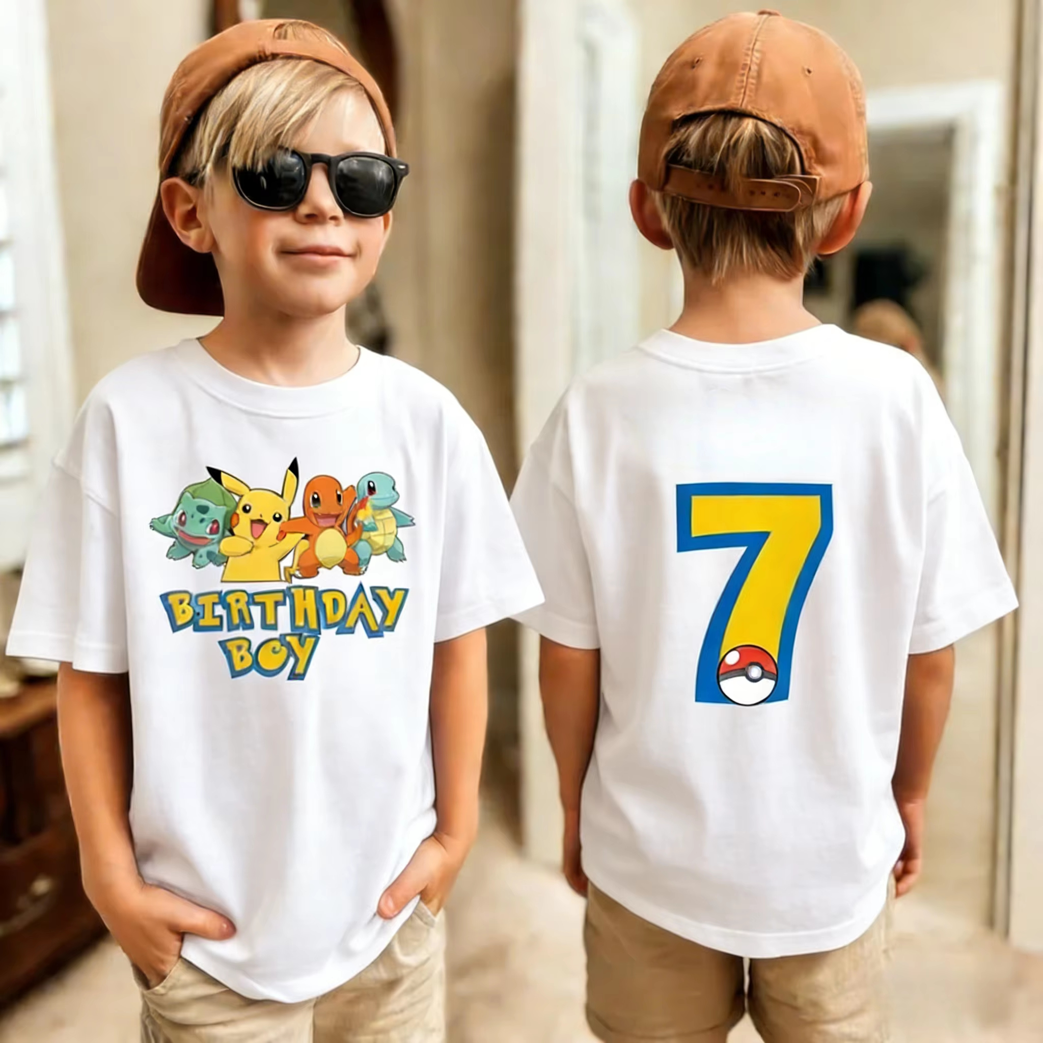 誕生日 Tシャツかわいいピカチュウポケモン 3-9 プリント Tシャツユニセックス夏 Y2K 原宿ルーズカジュアル半袖トップ子供のための