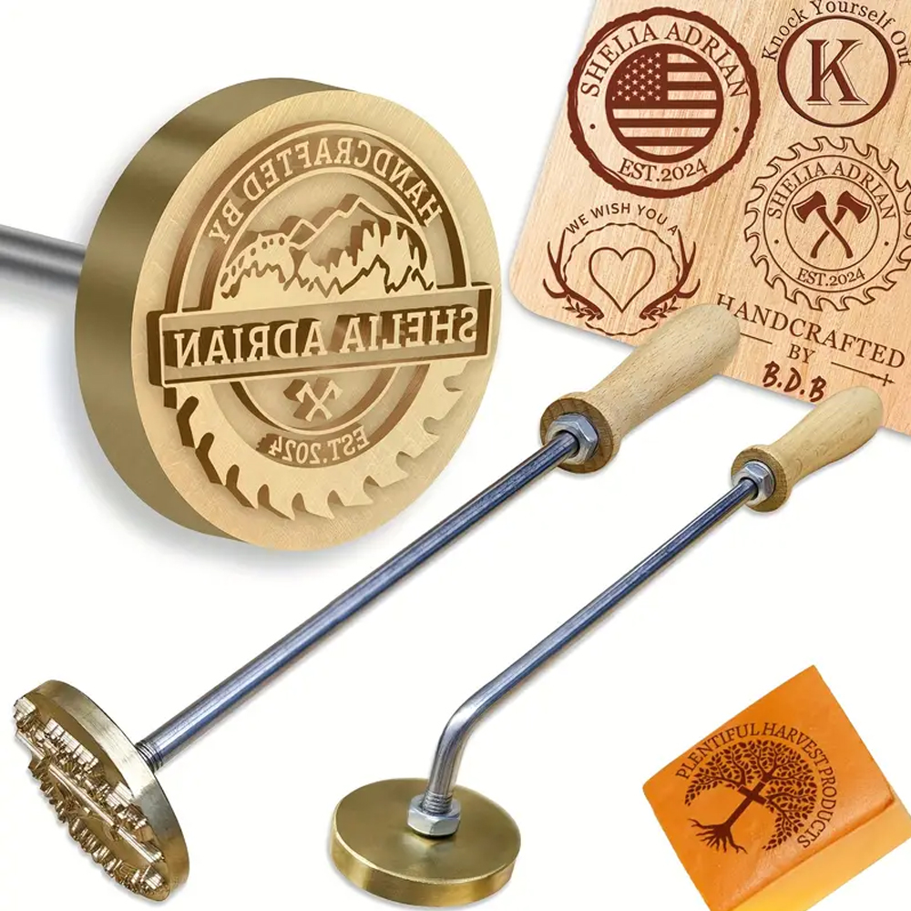 Custom Branding Iron Stamp DIY LOGO Heating Brass Embosser Seals with Handle for Wood Leather Cake Hamburger Wedding Party Craft