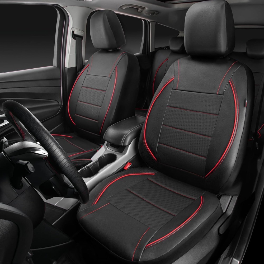 ユニバーサルフィット パイピング レザー カーシート カバー フルセット SUV バン トラック エアバッグ対応 内側ジッパーデザイン ブラックと