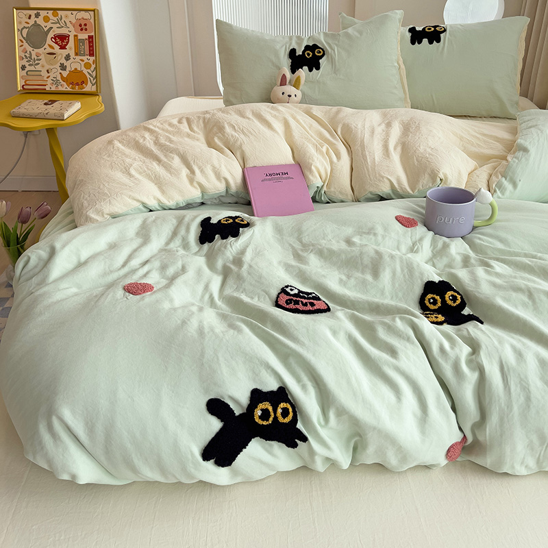 寝具セット 2024 新しい四季スーパーソフト洗浄綿タオル刺繍布団カバー 4 点セット - 招き猫シリーズ