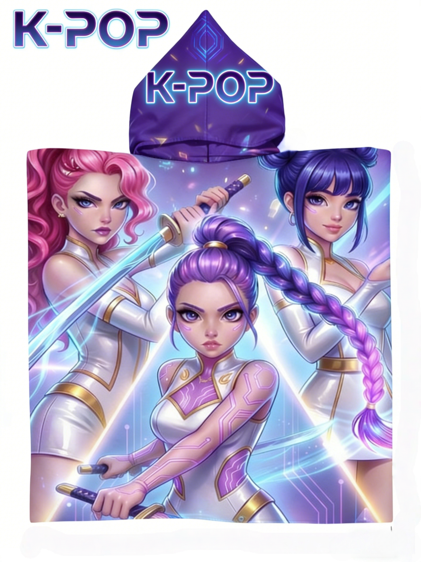 K-POP サイバーガールプリントキッズフード付きビーチタオル、ソフトマイクロファイバー吸収性バスタオル、プール用