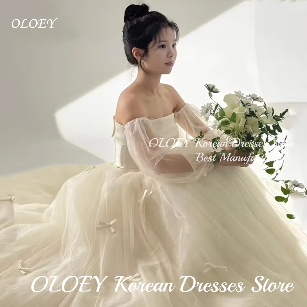 OLOEY 新韓国のウェディングドレス 2026 パフスリーブソフトチュールリボンブライダルガウンカスタマイズブライダルウェディングスナップドレスコルセットバック