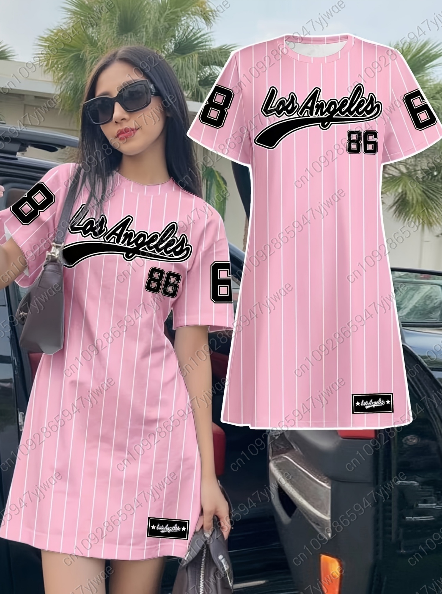 2026 夏の女性の Tシャツドレスルーズカジュアル NO.86 ロサンゼルスプリント O ネックレディース半袖プルオーバードレス女性服