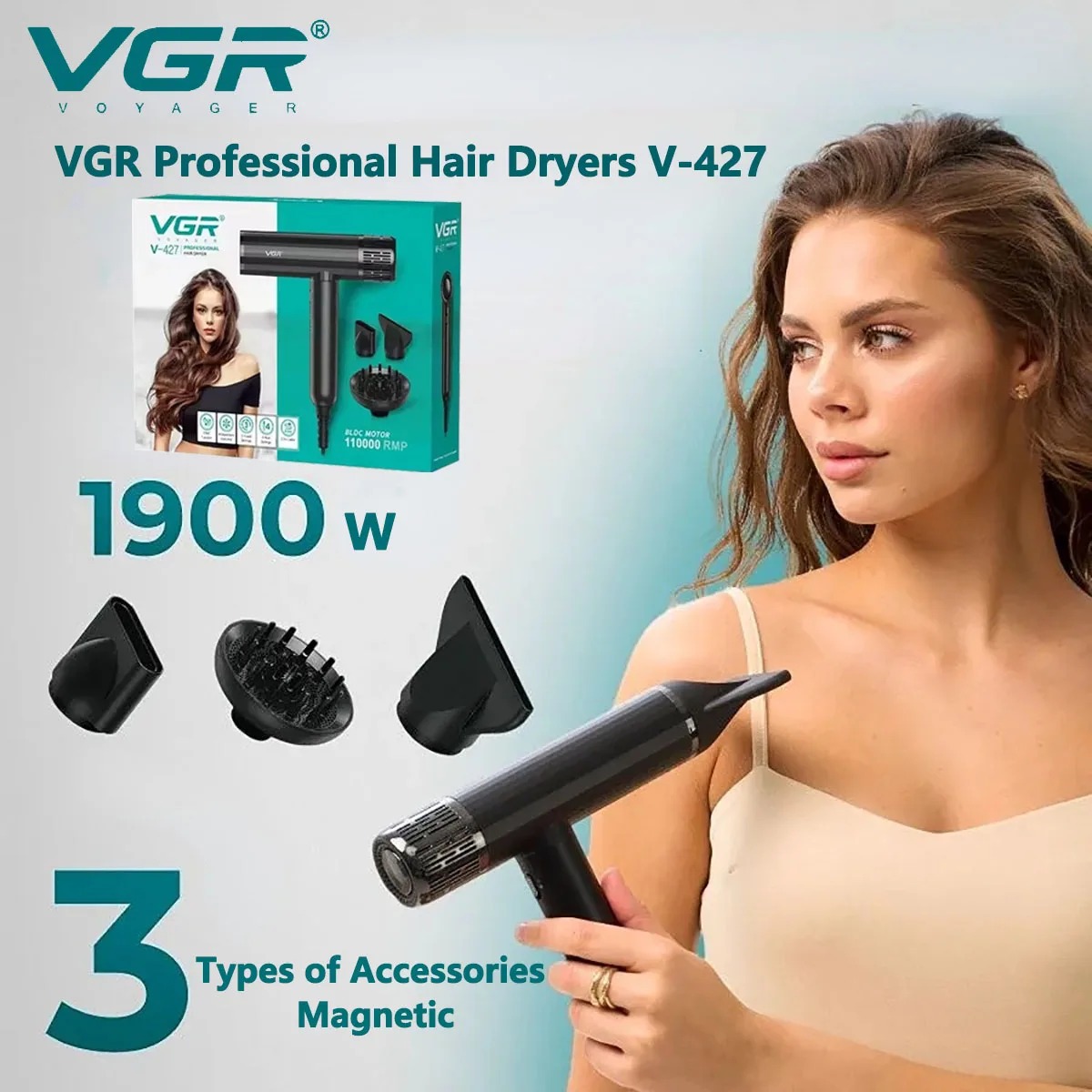 VGR ヘアドライヤープロフェッショナル送風機ブラシレスモーターヘアドライヤー機 110000 RPM マイナスイオンヘアスタイリングブロードライヤー V-427