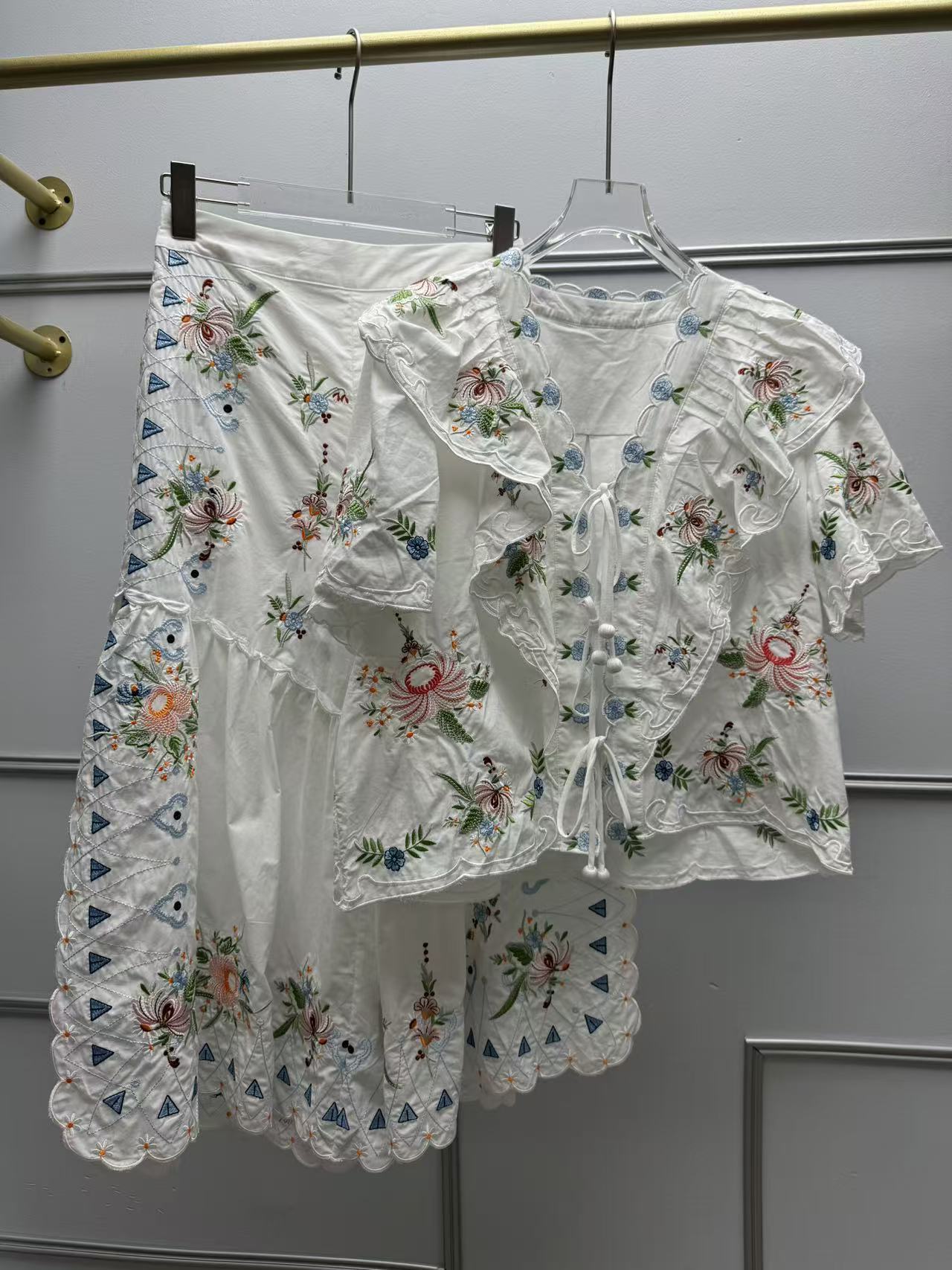 Vintage Embroidery Lady Lace-Up V-Neck Blouse +Zipper Loose Straight-Leg Pants Women 100% Cotton Top +Pants Summer New 2026