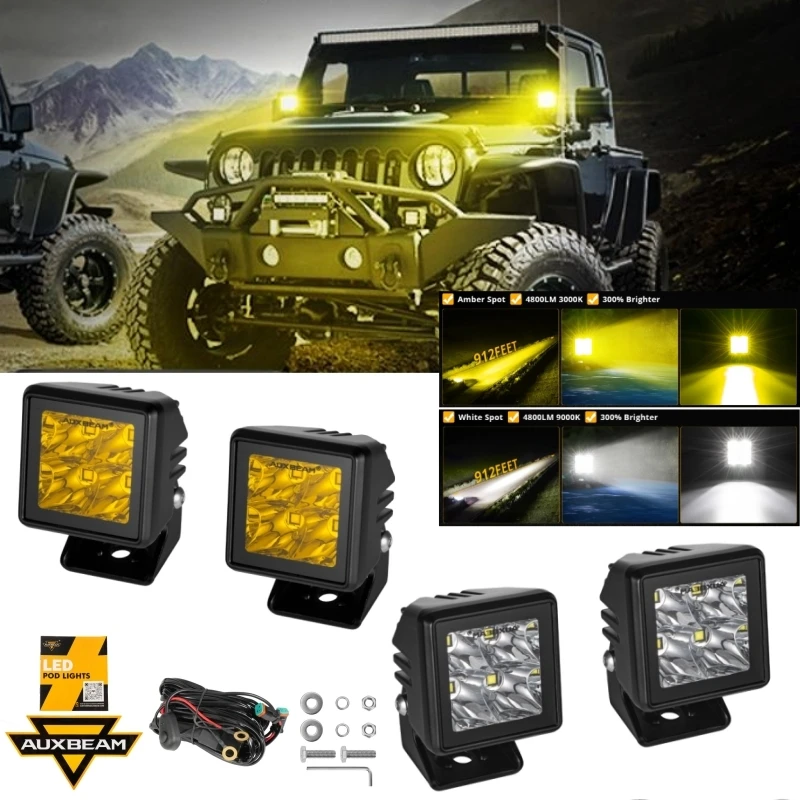 AUXBEAM 3000K/6500K 2 インチ LED ワークライトポッド DT プラグ配線ハーネス付きトラックピックアップオフロード用運転スポットランプ