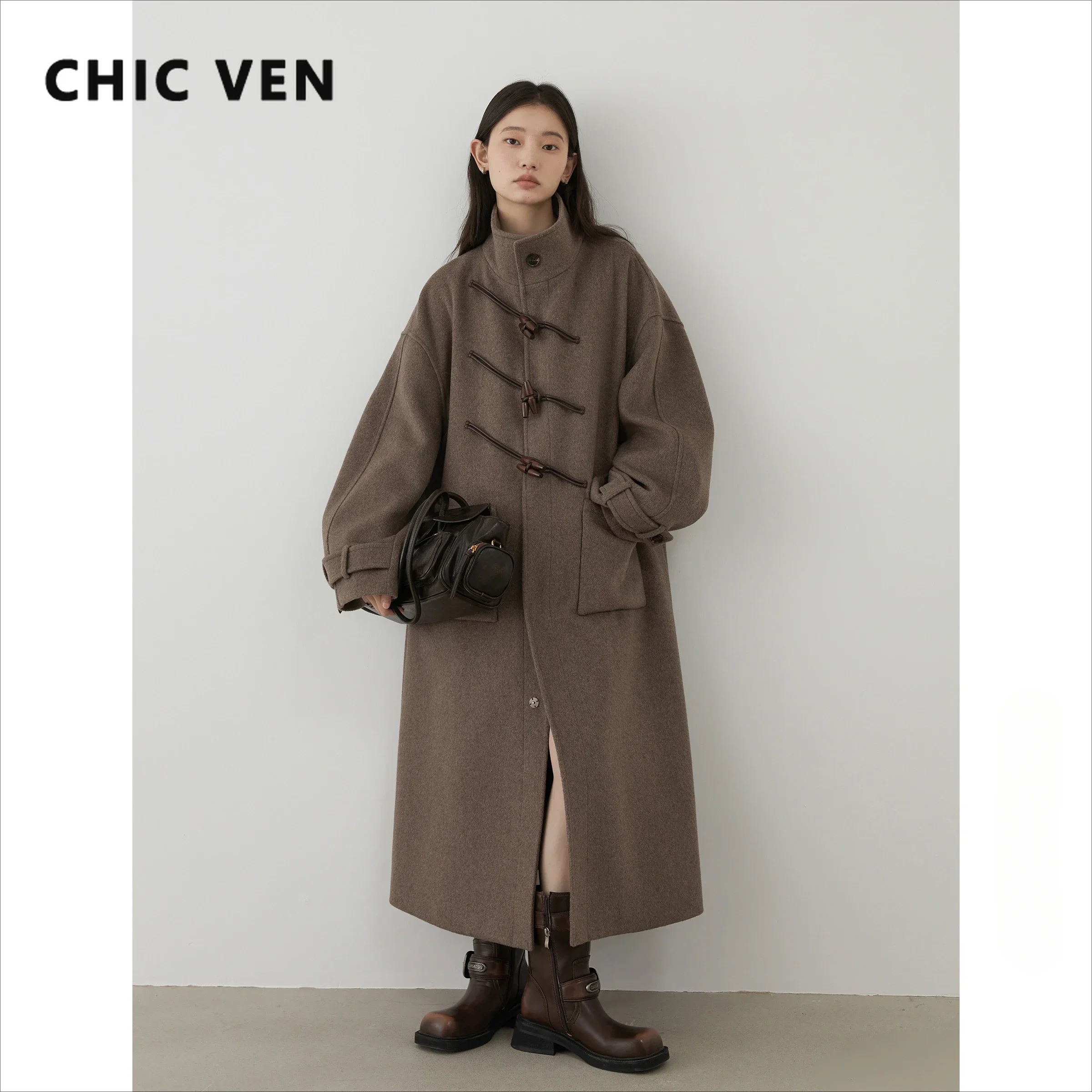 シック VEN 女性ロングウールコートシングルブレストルーズスタンドカラー牛ホーンボタンオフィスレディースオーバーコート秋冬 2026
