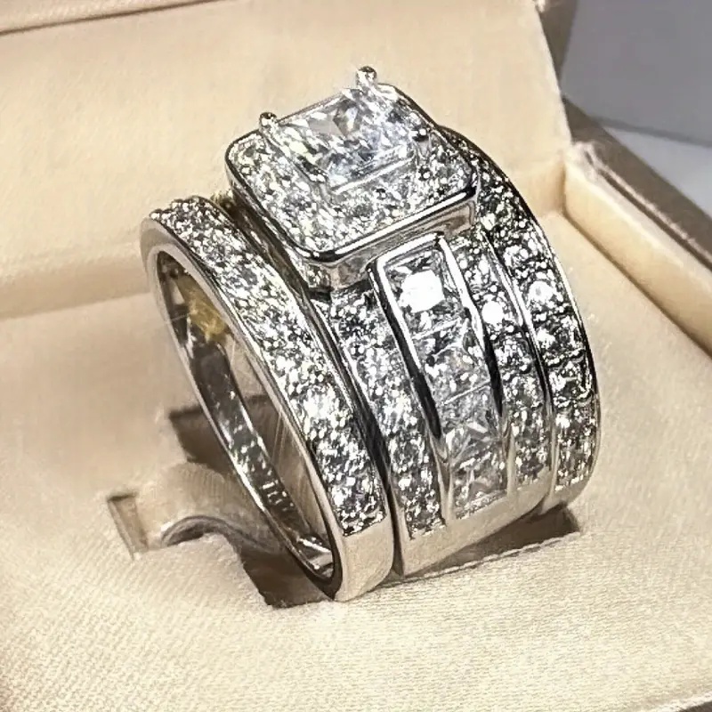 Huitan ブリリアント 3 ピース/セットリング結婚式のための繊細なスタイリッシュな女性の指のアクセサリーチャーミングな優雅な婚約パーティージュエリー
