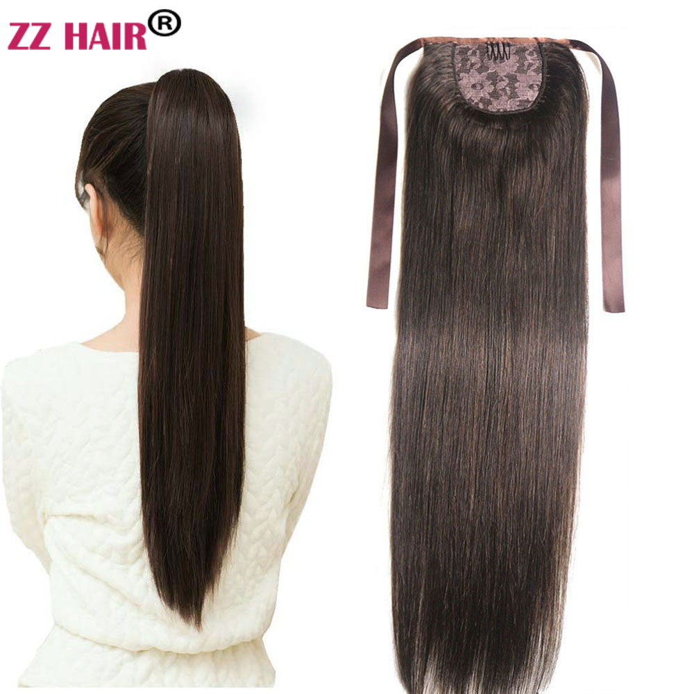 ZZHAIR 100% ブラジル人レミーヘアエクステンション 16 "-26" リボンポニーテール 120 グラム-160 グラムクリップインスギナナチュラルストレート