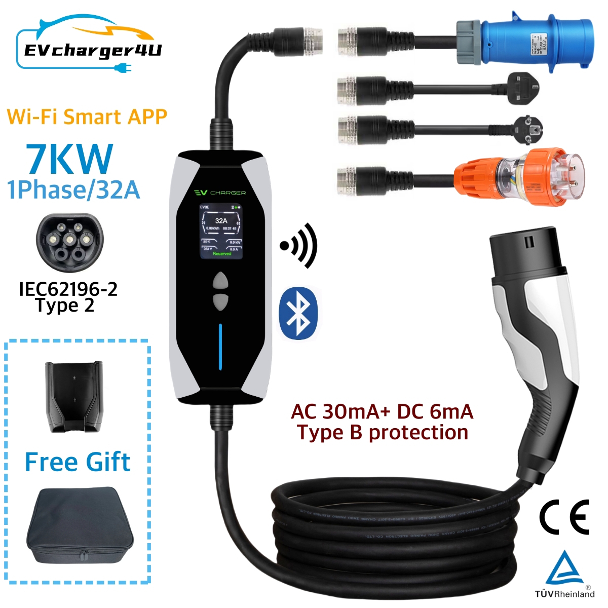 EVcharger4U IEC62196 タイプ 2 7KW ポータブル EV 充電器 1 相 32A 5M ケーブル RCD タイプ B 保護 Wi-Fi Bluetooth APP 制御付き