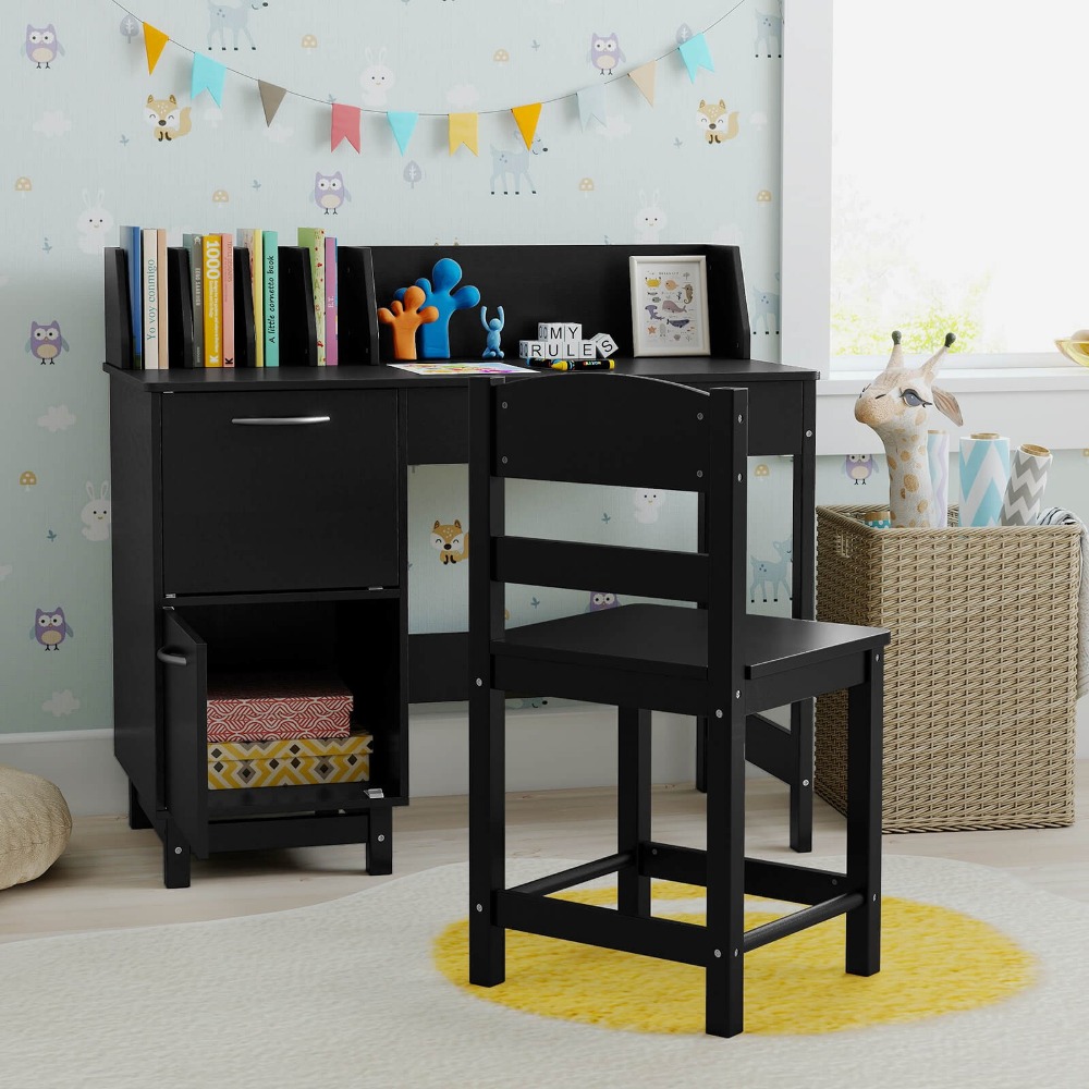 Kids Study Desk & Chair Set w/Chair, 2 Storage Cabinets, Drawer, 4 Book Sorters