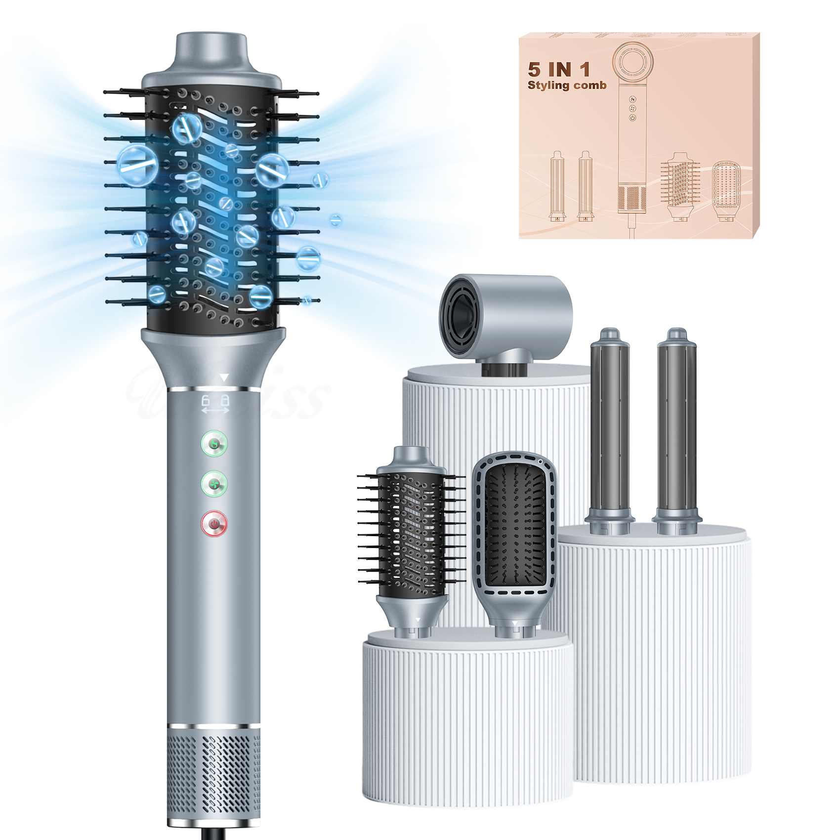 プロフェッショナル 5 で 1 ヘアスタイラー熱風ピック電気コーム熱風ブラシヘアマルチスタイルエアブラシ自動ヘアアイロン