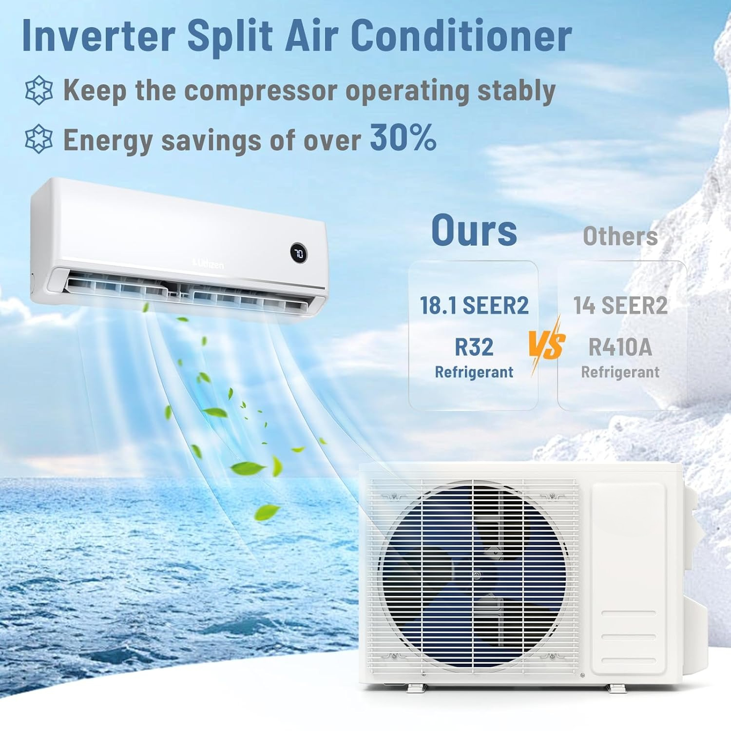 12000 BTU ミニスプリットエアコンとヒーター 208/230V 18.1 SEER2 Wifi 有効エネルギー効率の高いインバーターダクトレスカスタマイズ