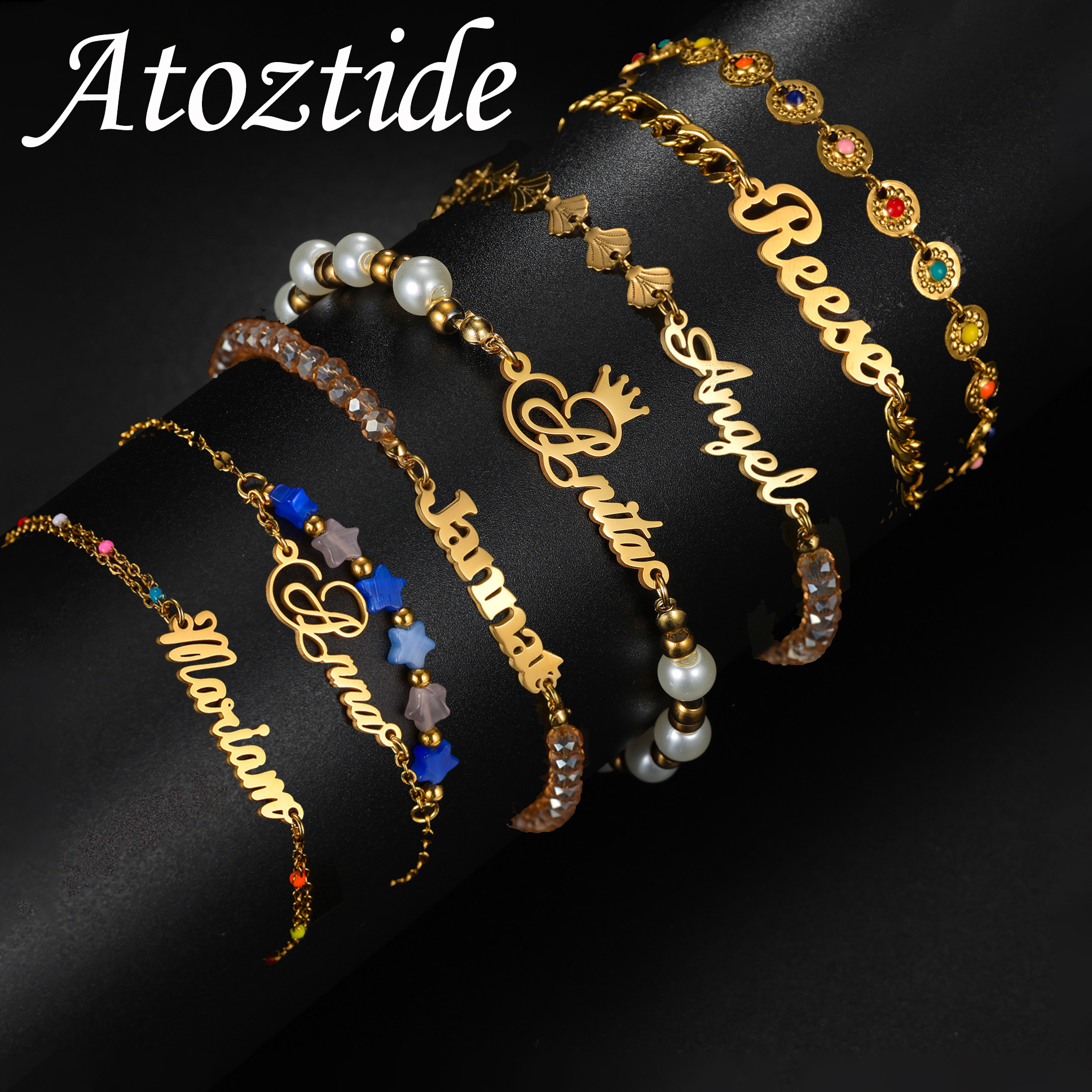 Atoztide カスタム名ブレスレット女性のためのパーソナライズされたステンレス鋼ジュエリー手作りビーズチェーンバングル誕生日パーティーギフト