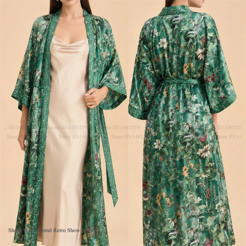 新しい Femael ロング Twinset ローブセットネグリジェプリント花着物バスローブガウンパジャマ春秋の新ホームウェアランジェリー