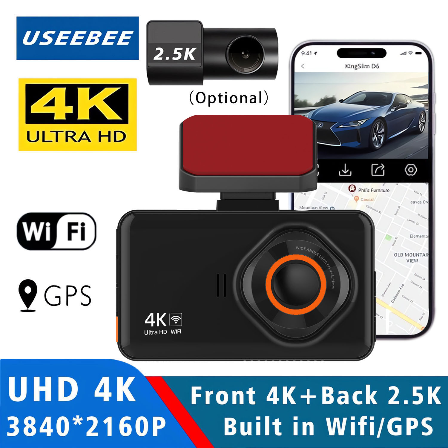 4K デュアルレンズドライブレコーダー、リア 2.5K WiFi GPS およびバックミラーカメラ WDR ナイトビジョン 24H 駐車録画カービデオレコーダー