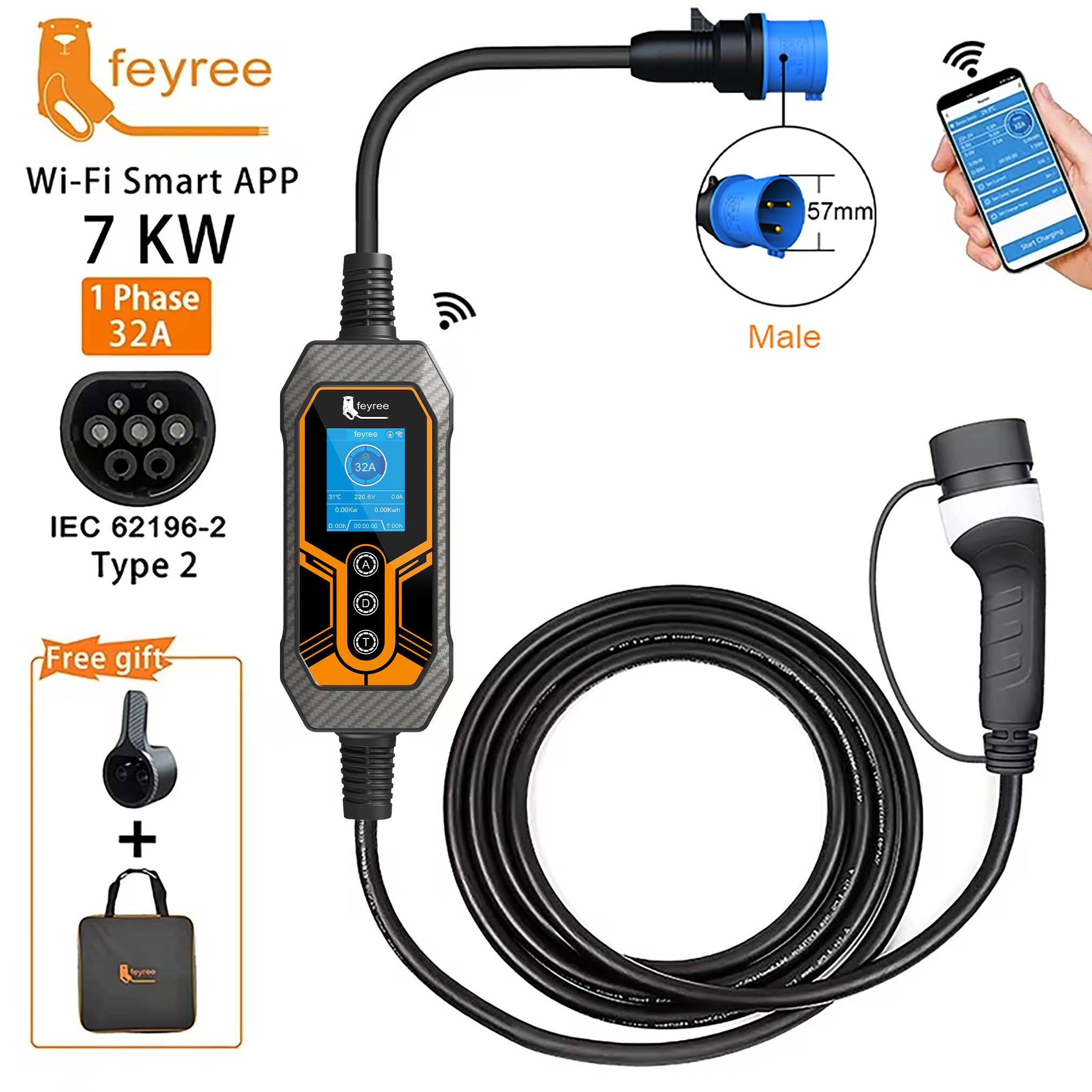 Feyree ポータブル EV 充電器 Type2 32A 7KW Wi-Fi APP 制御電流調整可能なスマートタイミング充電 EVSE ウォールボックス ホーム