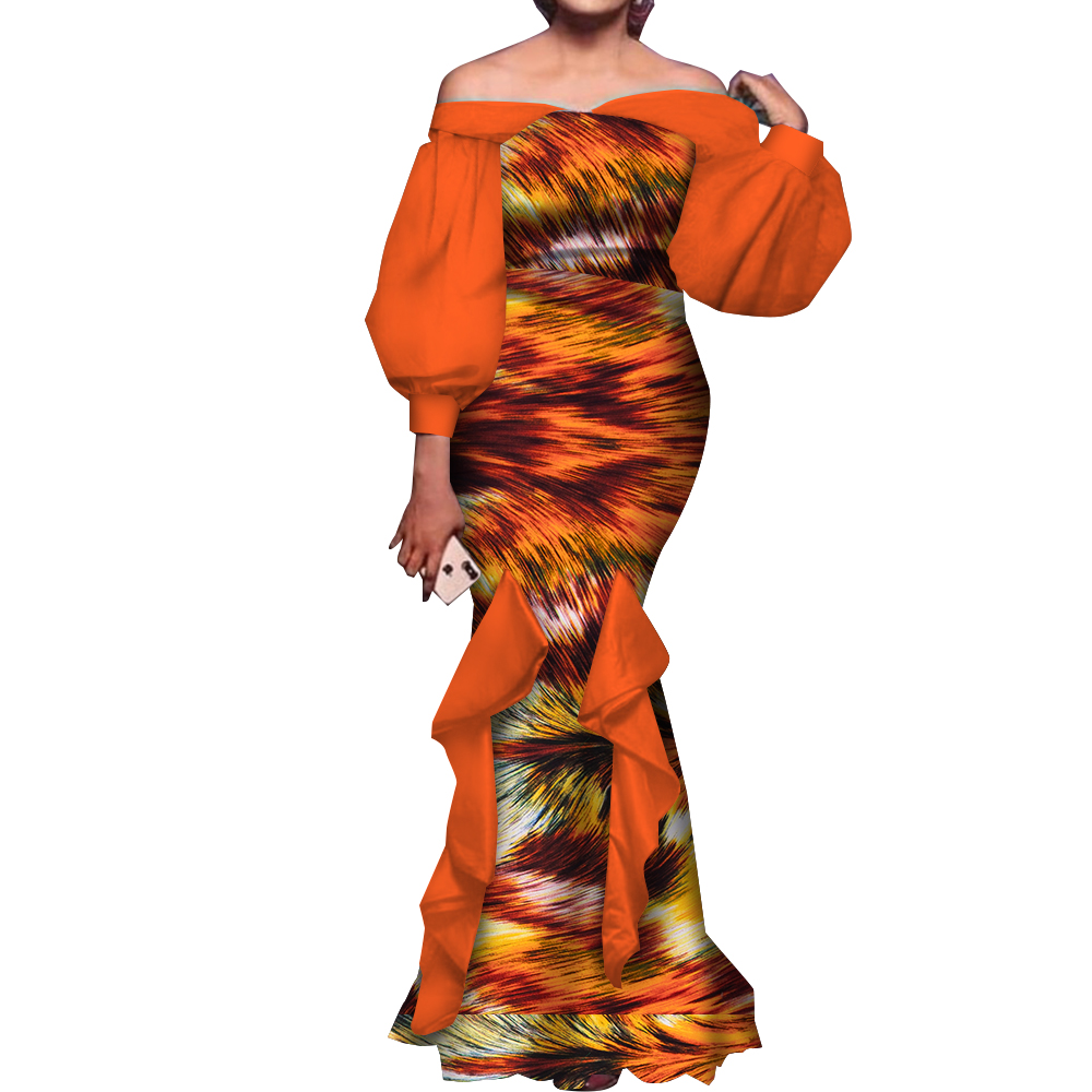 ファッション女性アンカラドレスフラッシュネックパフスリーブロングドレスアフリカドレスローブ Africaine ファムイブニングマーメイドドレス WY1848