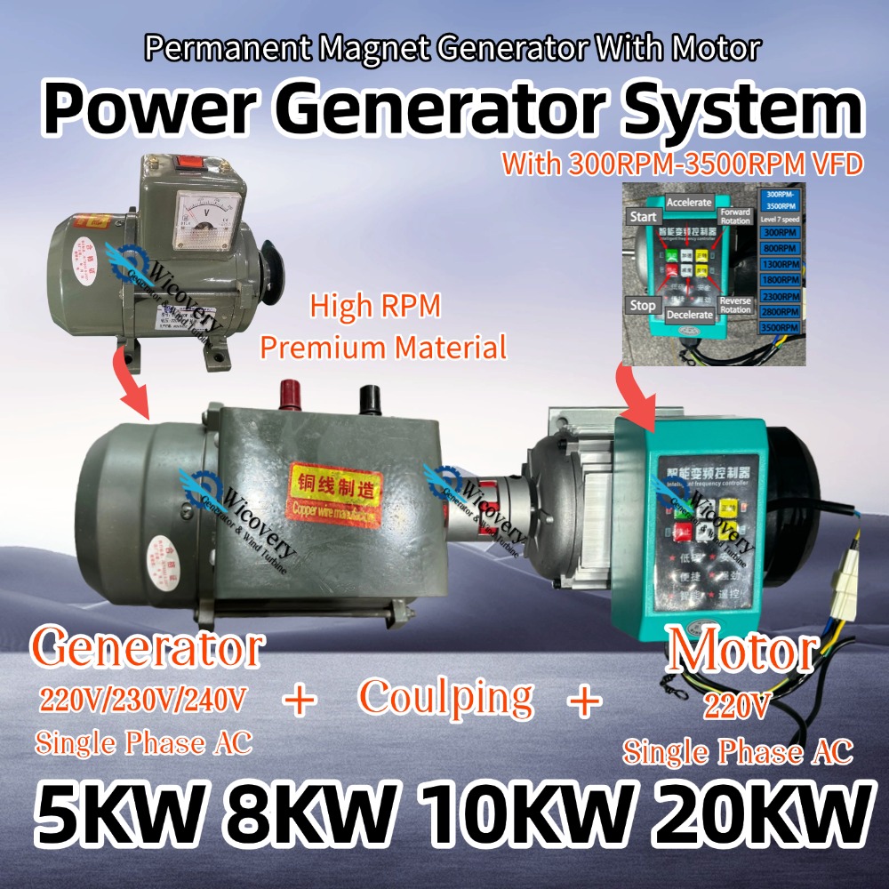 発電機 5KW 10KW 20KW 220V 240V 1 相オルタネーター永久磁石発電機高 RPM VFD モーター完全なセット家庭用