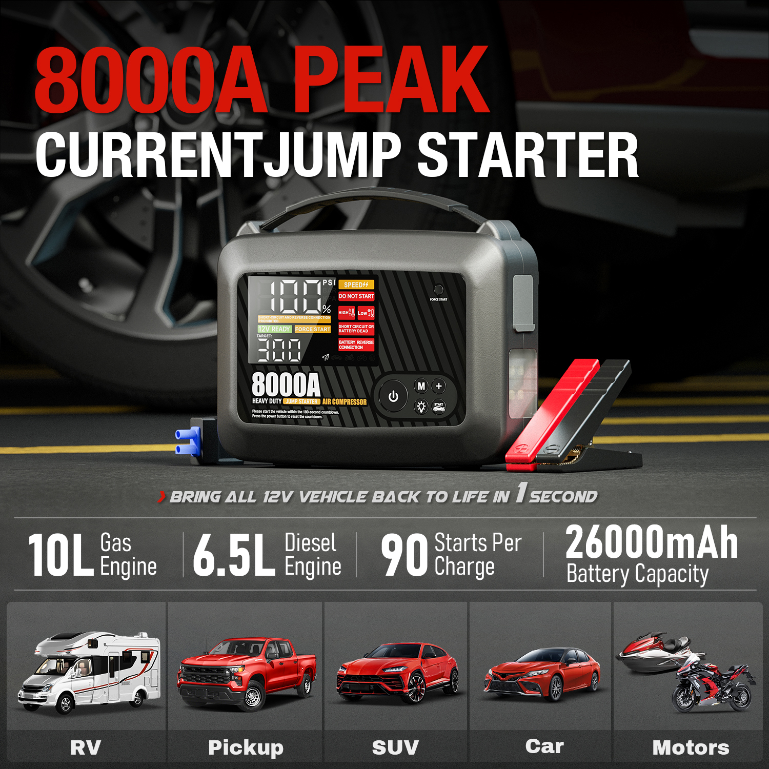 8000A プロフェッショナルヘビーデューティ車のジャンプスターターエアポンプ強力な車 12V 車のバッテリースターターブースター始動装置