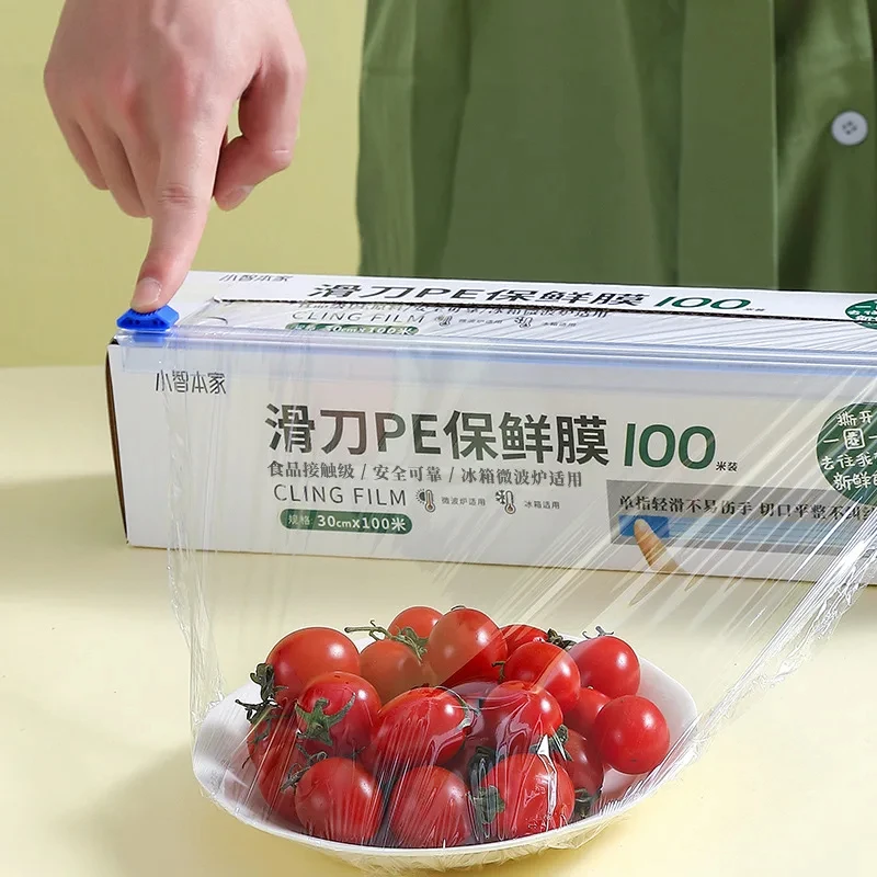 サランラップ、電子レンジ対応のラップフィルム - 取り外し可能なスライドカッター付き、透明なプラスチック食品包装フィルム、食品の湿気を防ぎます。
