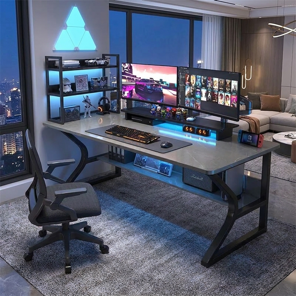 頑丈なコンピュータデスクホームオフィスゲームワークステーション本棚付き多機能学習デスク寝室の学生に最適